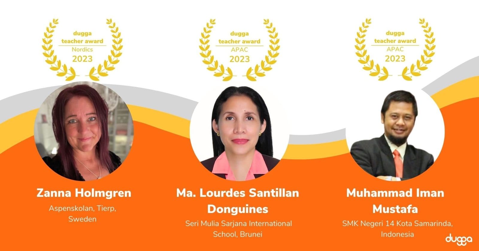 Dugga Teacher Award 2023 winners Zanna Holmgren (Sweden), Ma. Lourdes Santillan Donguines (Brunei) and Muhammad Iman Mustafa (Indonesia)