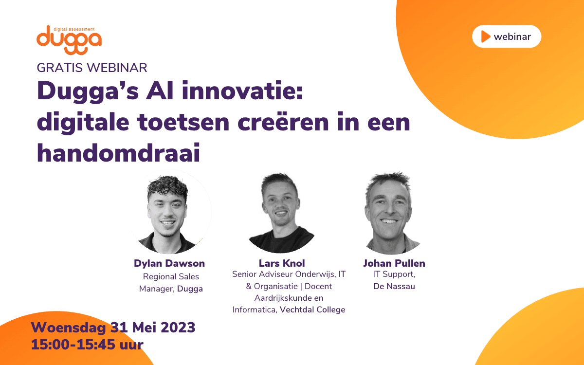 Webinar banner for Dugga’s AI innovation with speakers Dylan Dawson, Lars Knol and Johan Pullen, 31 May 2023
