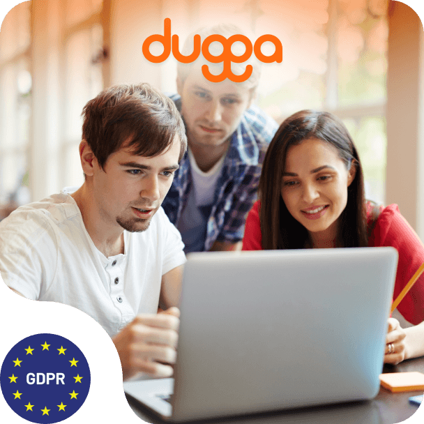 Dugga exam interface shown on a laptop beside a GDPR compliance badge