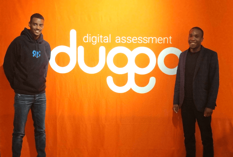 Alexander Isak and William Nilsson standing in front of an orange Dugga digital assessment backdrop