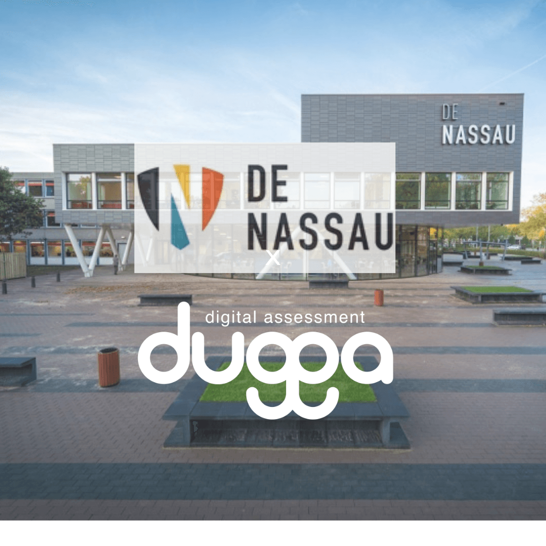 De Nassau and Dugga digital assessment logos over the school building and square