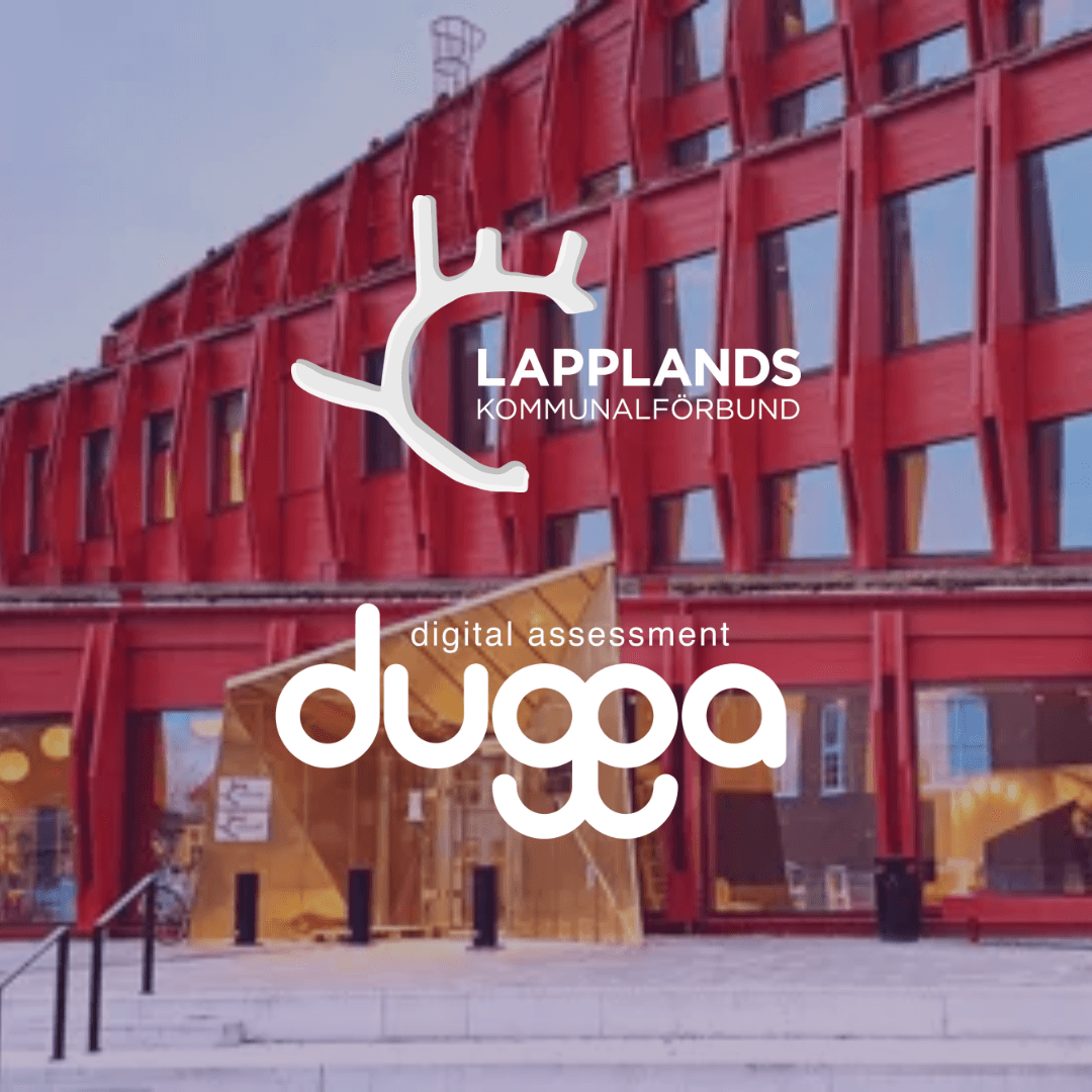 Lapplands Kommunalförbund and Dugga digital assessment logos over a red timber building