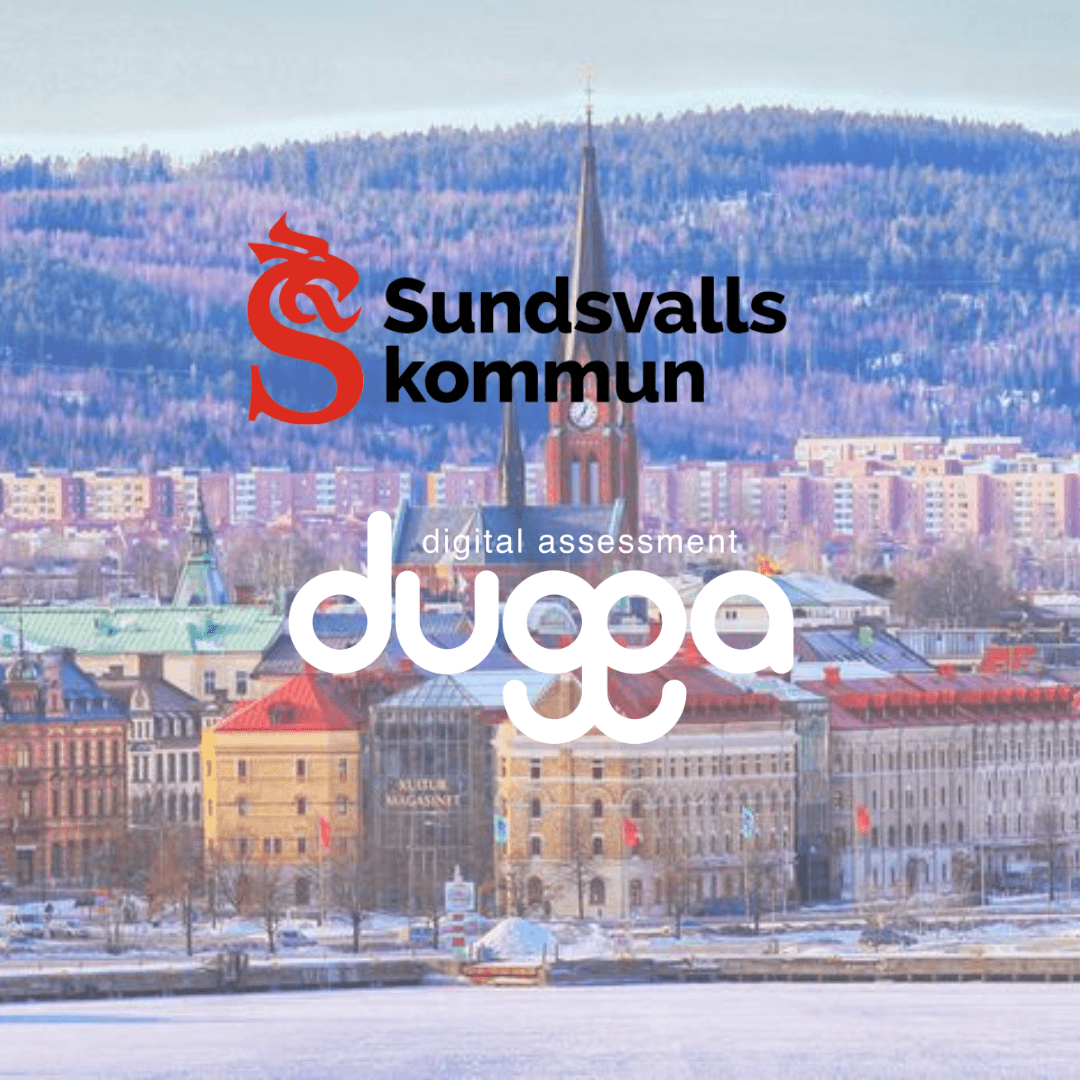 Sundsvalls kommun and Dugga digital assessment logos over the town centre in winter