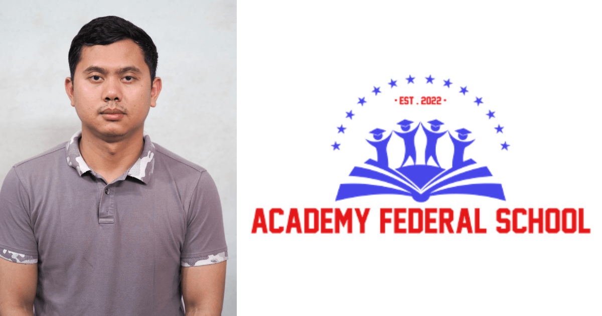 Man in grey polo shirt; Academy Federal School logo with open book, three graduates, stars, and EST. 2022.