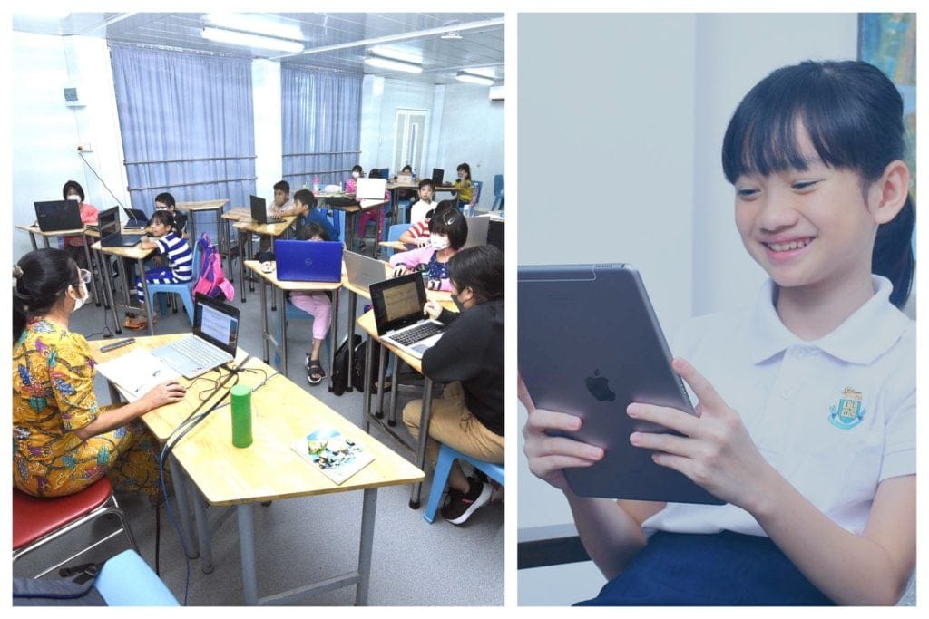A classroom of masked students and a teacher using laptops; a smiling girl looks at an iPad.